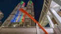 Shinjuku Tokyo Metropolitan Government building with 2020 Olympics color illumination and `my sky hole 91` Ã¤Âºâ¢Ã¤Â¸Å Ã¦Â­Â¦Ã¥Ââ° Royalty Free Stock Photo